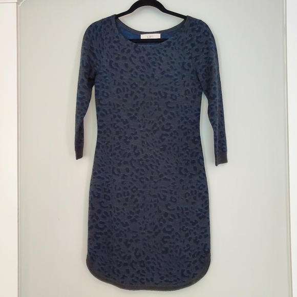 Loft Gray Blue Leopard Print Sweater Dress - Picture 2 of 8